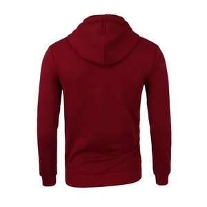 Rear view of a burgundy hooded sweatshirt showing ribbed cuffs and premium fabric texture