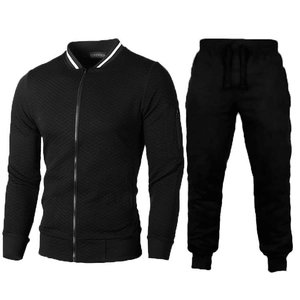 Men's casual black tracksuit featuring a quilted lattice zip jacket and matching joggers