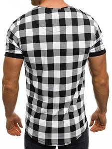 Detail of slim fit men's T-shirt featuring black and white buffalo check pattern on back