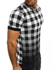 Detail of men's slim fit T-shirt with black and white plaid gradient and neck print