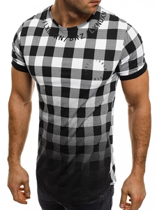 Close-up of men's slim fit T-shirt with black and white checkered pattern and printed text