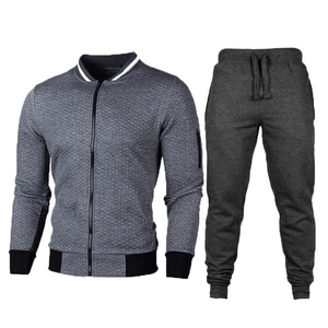 Men's grey track suit with quilted stand collar jacket and drawstring sweatpants
