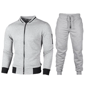Men's light grey tracksuit set with quilted diamond texture and zip-up stand collar