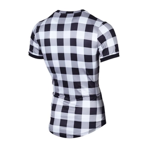 Detailed back view of a slim-fit T-shirt featuring a black and white checkered pattern