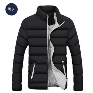 Detail of men's padded jacket showing windproof stand-up collar and grey inner lining