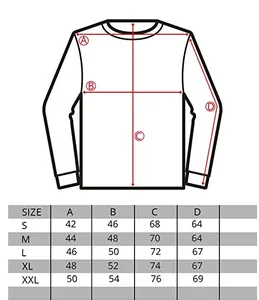 Tableau des tailles détaillé pour t-shirt homme à manches longues avec guide de mesure