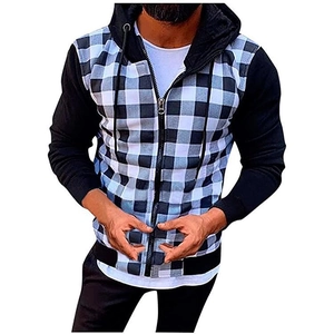 Veste à capuche décontractée pour homme avec motif à carreaux noir et blanc et zip complet