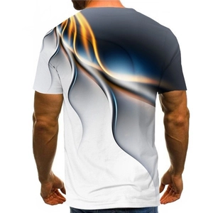 Detailed back view of men's T-shirt with 3D fluid geometric print in blue and gold