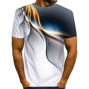 Detail of 3D digital print on men's T-shirt with abstract fluid patterns and orange streaks
