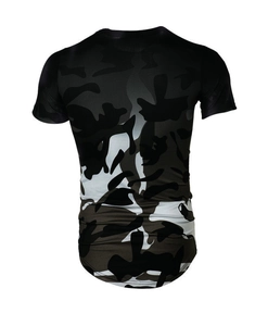 Vue arrière détaillée du t-shirt de fitness camouflage pour hommes en tissu respirant