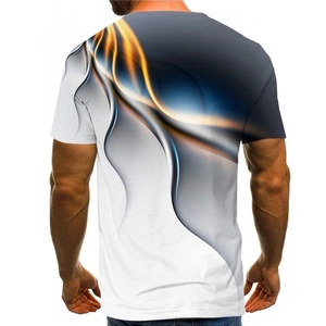Men's T-shirt with 3D digital geometric print and blue-gold fluid smoke pattern back