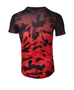 Vue arrière du t-shirt de sport pour hommes avec motif camouflage dégradé rouge et noir