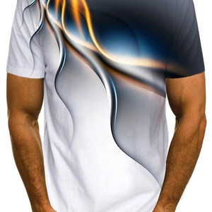 Men's T-shirt with 3D digital geometric fluid print and orange-blue gradient design