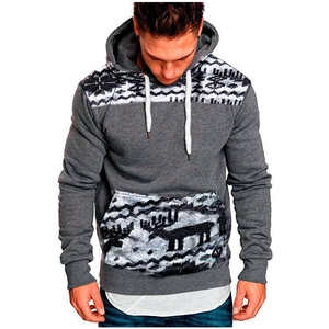 Men's slim fit grey hoodie with Christmas reindeer jacquard patterns and kangaroo pocket