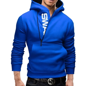 Slim fit blue hoodie for men with side zipper detail and SWA letter printing on chest