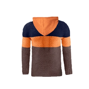Detail of three-color block knit hoodie featuring textured navy, orange and brown panels