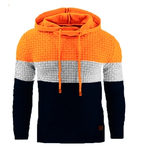 Men's tricolor block waffle knit hoodie in orange, grey, and navy blue with drawstrings