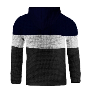 Detail of three-color patchwork pattern and 3D knit texture on men hoodie back
