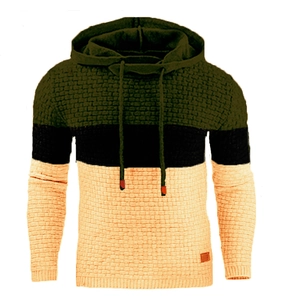 Men's tri-color waffle knit hoodie in olive, black, and beige colorblock style