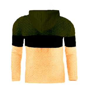 Back view of a color-block waffle knit hoodie featuring green, black, and beige textures