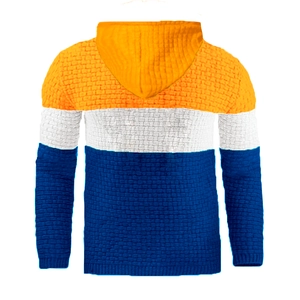 Detail of waffle knit fabric and color-block design on men's long sleeve hooded sweatshirt