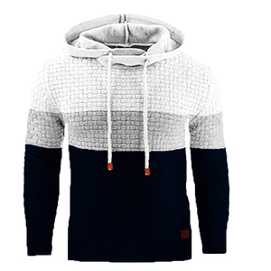 Men's tricolor patchwork knit hoodie with waffle texture and drawstring in white and navy