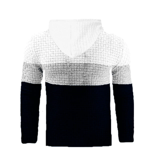 Rear view showing tri-color waffled knit texture and stitched panels on the men hoodie