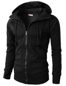 Detail of men's slim fit zip-up hoodie featuring drawstring hood and ribbed cuffs