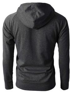 Rear view of men's heather grey fleece hoodie showing textured jacquard fabric and raglan sleeves