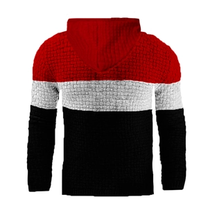 Detailed back view of men's tricolor hoodie showing unique brick-pattern knit texture