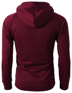 Back view of burgundy men's fleece hoodie featuring raglan sleeves and ribbed cuffs details