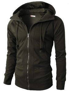 Detail of army green sports hoodie with metal zipper and drawstrings on white background