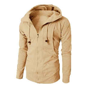 Detailed view of men's fleece hoodie jacket with high-quality zipper and adjustable drawstrings