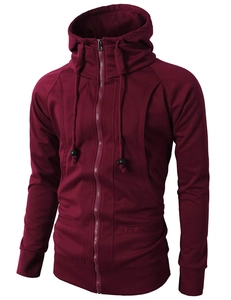 Detail of burgundy men's fleece hoodie with full zipper and black drawstrings
