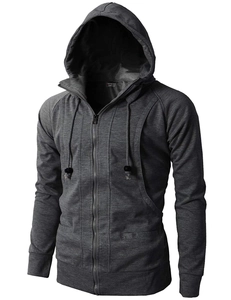 Detailed view of dark grey men's zip-up hoodie featuring drawstring hood and ribbed cuffs