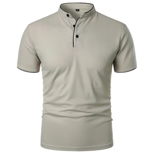 Men's slim fit short sleeve polo shirt in beige with black contrast trim and stand collar