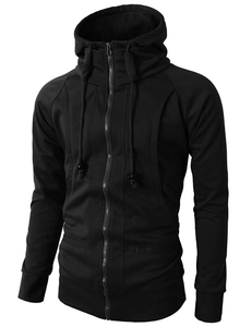 Detail view of men's black hooded jacket with high neck, metal zipper and knit fabric texture