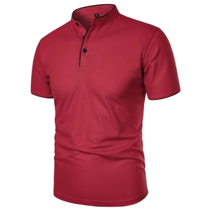 Men's slim fit dark red polo shirt with standing collar and stylish black contrast trim