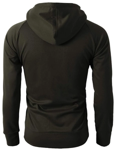 Rear view detail of dark green hoodie featuring raglan sleeves and ribbed cuffs