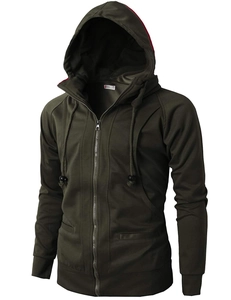 Detailed close-up of men's athletic zip-up hoodie with contrast red hood lining