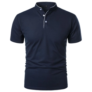 Men's slim fit navy blue polo shirt with white tipped stand collar and 3-button placket