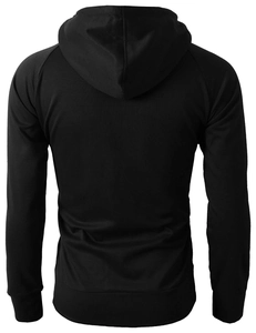 Back view of a black men's athletic hooded sweatshirt featuring professional raglan sleeves