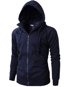 Detail view of navy blue hooded sports jacket with metal zipper and drawstring
