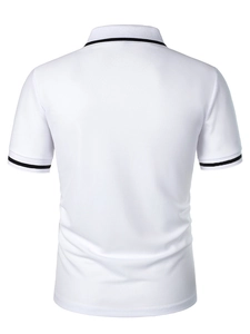 Rear view of white men's Polo shirt with black and white striped collar and sleeve cuffs