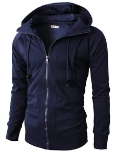 Slim fit men's navy blue jacquard hooded cardigan sweatshirt with full zip and pockets