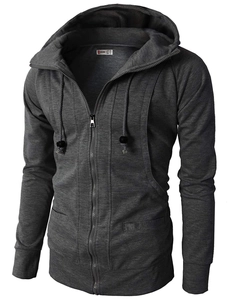 Men's dark grey hooded sports sweatshirt with full zip and jacquard fleece fabric