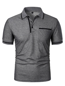 Close-up of grey polo shirt fabric with black striped collar and pocket detail