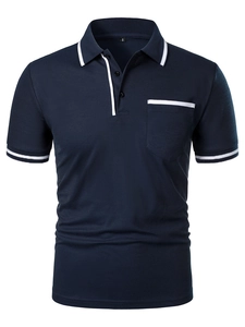 Detail of navy blue polo shirt featuring white striped trim on the pocket and collar