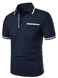 Detailed view of navy polo shirt featuring white contrast stripes on collar and pocket