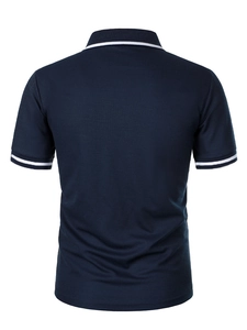 Back view of navy blue polo shirt with white double stripes on collar and cuffs